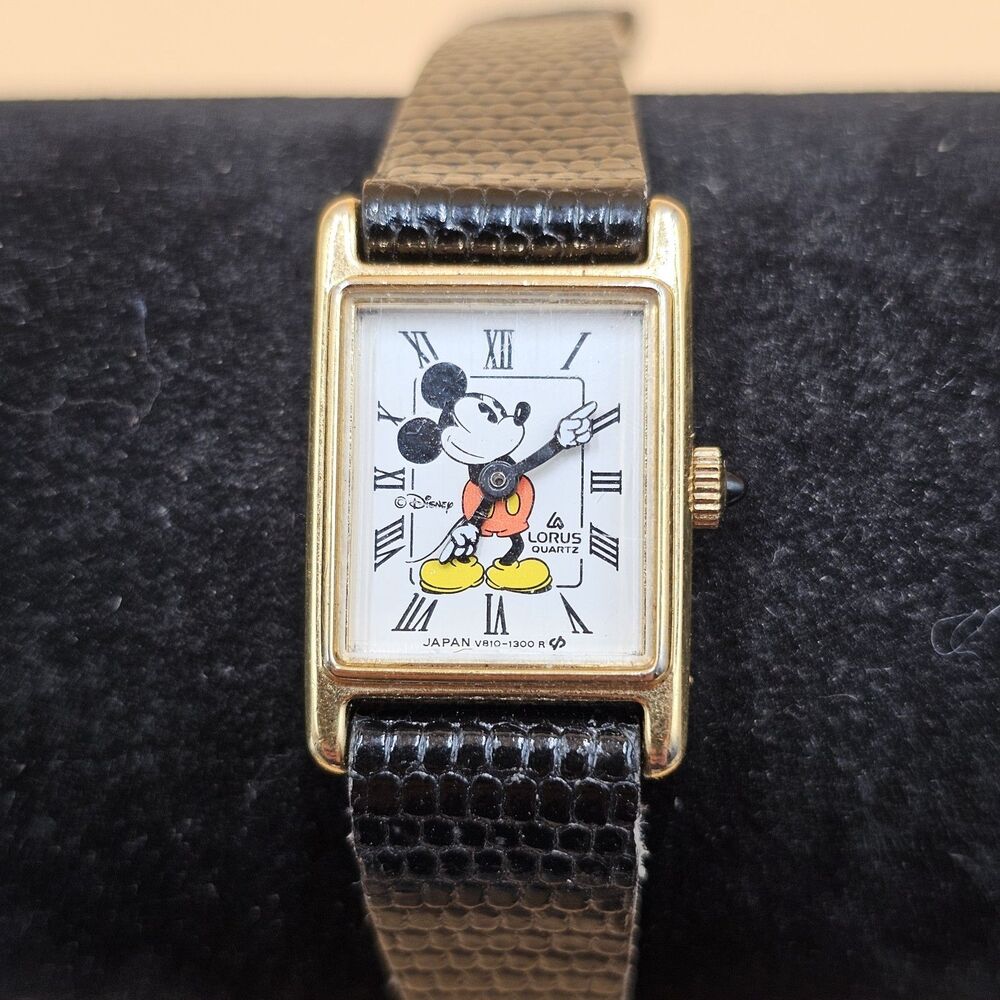 Vintage Lorus Mickey Mouse Tank Watch V810-5000 Gold Tone Roman Numeral Quartz